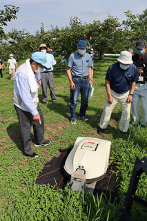 齋藤さんの農地に導入された草刈りロボット。生産者らで組織する庄内柿振興協議会のメンバーが視察した＝26日