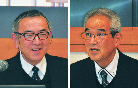 温海温泉旅館組合の若松理事長（右）東北公益文科大の遠山名誉教授