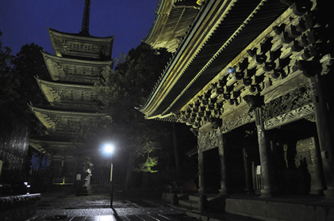 光に照らされ宵闇に浮かび上がる善寳寺の山門と五重塔＝17日