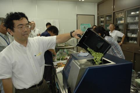 開発した枝豆の食味測定器で庄内各産地の枝豆の成分分析をする江頭助教授