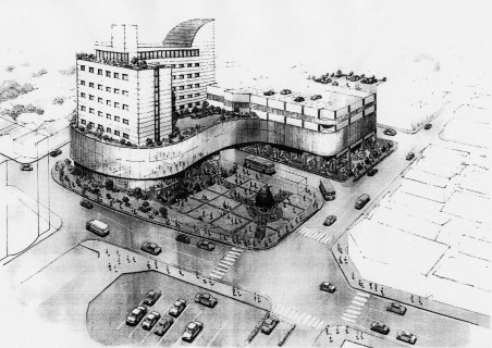 地元企業グループが酒田市に提案した旧ジャスコ跡地開発計画イメージ図。手前がＪＲ酒田駅方面