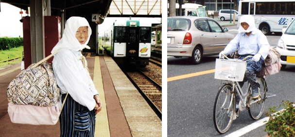 余目駅で帰りの列車を待つ上嶋さん。ゆっくりできる午後の列車に乗ることが多い（左）　酒田駅からの緩い上り坂を自転車で帰宅する。足取りは軽い