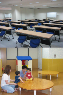 地元企業の支援機能充実を目的に研修室などが設けられたマリカ東館3階フロア（上）子育て支援の一環で飲食ができる部屋として整備された「親子サロン」（下）