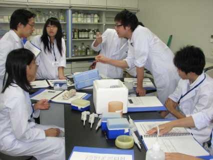 遺伝子の増幅実験に取り組む鶴岡中央と慶應の高校生たち