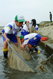 児童たちが泥だらけになりながら、貯水池の魚を追いかけた
