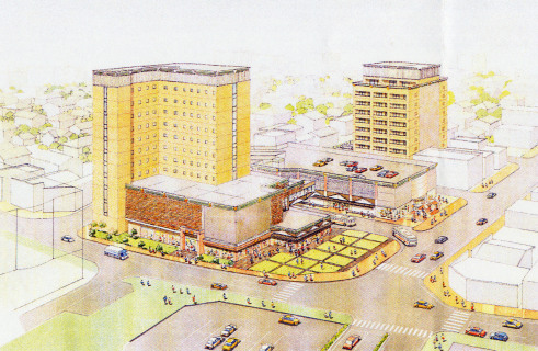 地元企業グループが発表した酒田駅前開発のイメージ図。左がホテル棟、右奥が住居棟