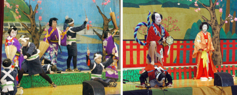 力強く立ち回りを演じた黒森小の少年歌舞伎（左）と迫力ある舞台を繰り広げた山戸小の山五十川歌舞伎（右）