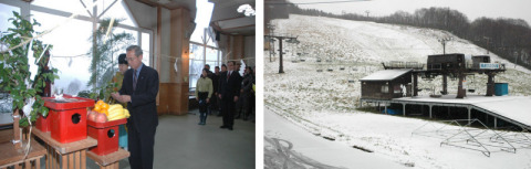 ゲレンデにうっすら雪が積もったが、スキー場のオープンはできなかった（右）。安全祈願祭を行い、シーズン中の無事故を祈願（左）