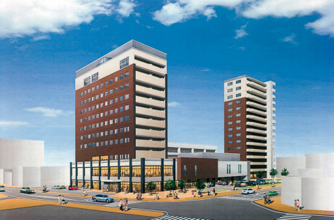 酒田フロントスクエアによるＪＲ酒田駅前再開発の完成イメージ図。ホテル棟（左）とそれにつながる商業棟で構成するＡＢ地区の実施設計が発注された