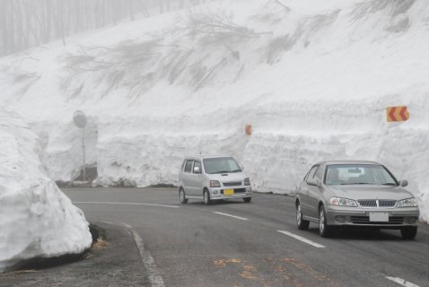 パレードに参加した車が雪の壁を縫うように走り秋田県側を目指した