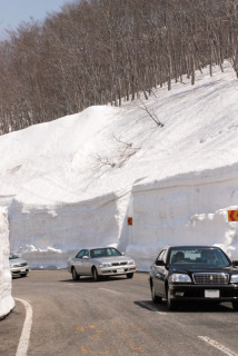 青空の下、パレードの車が白く輝く雪の壁を縫うように走って県境を目指した