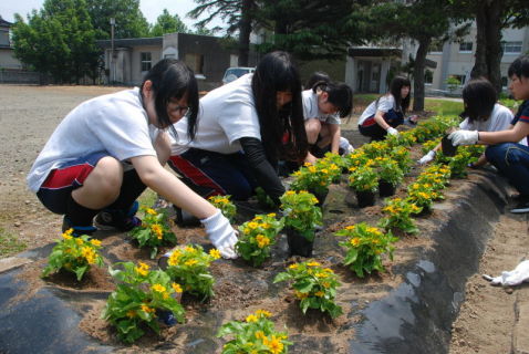 校庭の花壇に花を植える鶴岡南高山添校の生徒たち