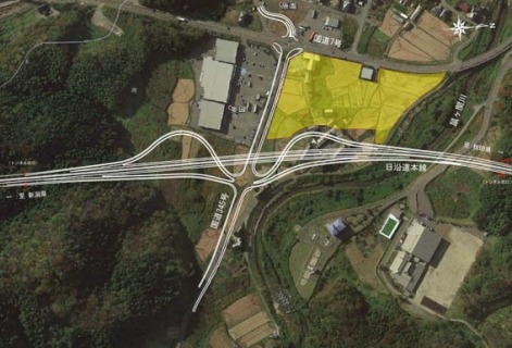 基本計画で示された鼠ケ関ＩＣ周辺の「道の駅」施設整備エリア（黄色部分）