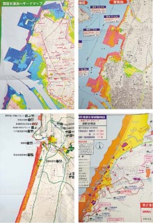 県の津波浸水想定図（右上）と酒田市（左上）、鶴岡市（右下）、遊佐町（左下）の各津波ハザードマップの一部