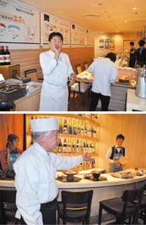 プレオープンした「ＦＯＯＤＥＶＥＲ」で、「ファリナモーレ」を案内する奥田シェフ（上）と、「彩鶴」で提供する料理などを紹介する土岐総料理長