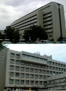 統合再編で県と市が合意した県立日本海病院（上）と市立酒田病院