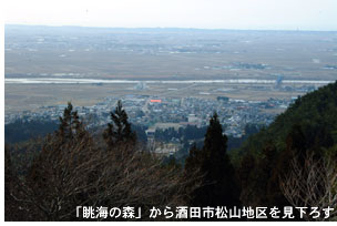 「眺海の森」から酒田市松山地区を見下ろす
