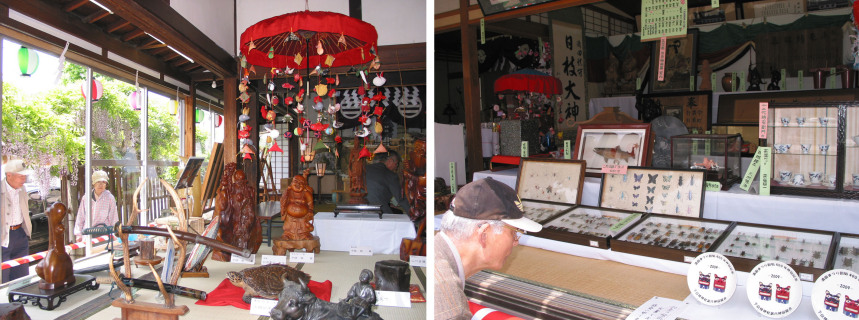 傘福などが飾れた上神宿（左）貴重な歴史資料も並ぶ下神宿