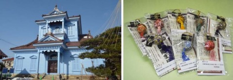 15日から公開される旧鶴岡警察署庁舎＝今年3月（左）プレゼントする「根付け用御殿まり」